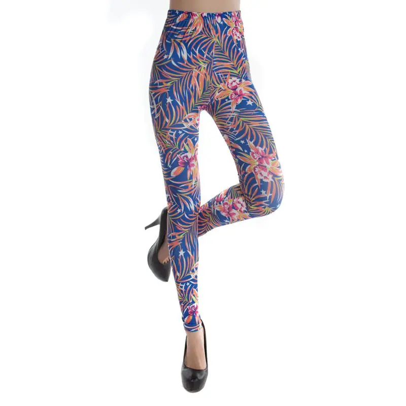 Цветной принт с цветочным рисунком эластичные синие зеленые Леггинсы узором