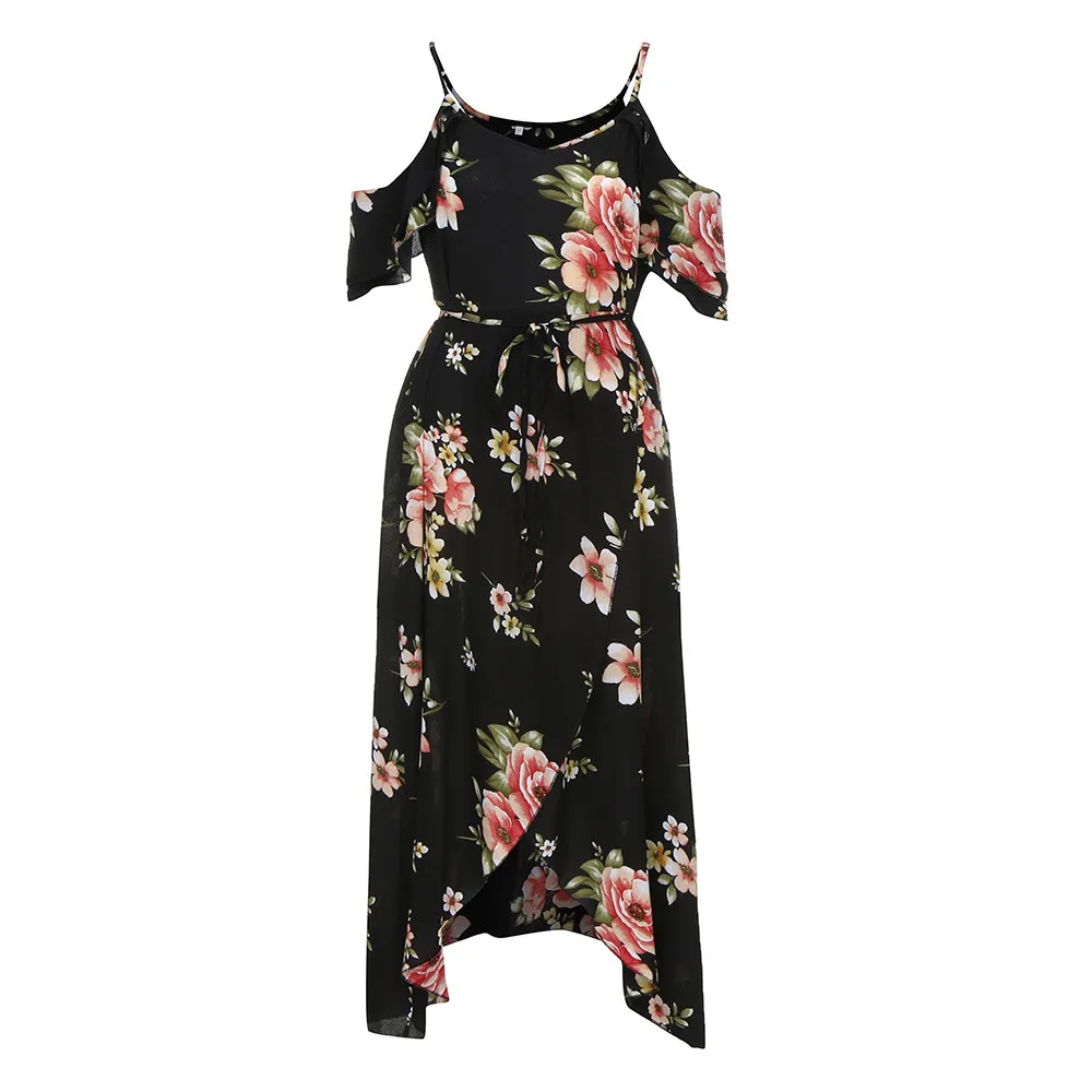 5XL Tall Women Sexy V-Neck Vintage Black Flowers Print Plus Size Dress Backless Bandage Lace Up Long Irregular Maxi Dresses | Женская