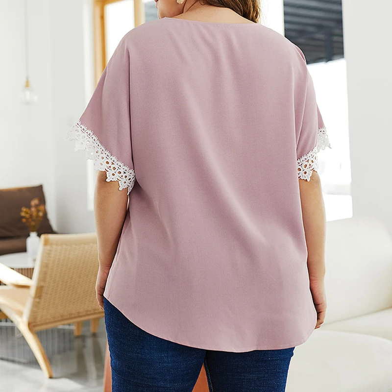 Blusas mujer de moda 2019 Summer Women Blouses Casual Short Sleeve Shirt Solid Elegant V Neck Patchwork Lace Blouse Tops XL-4XL |