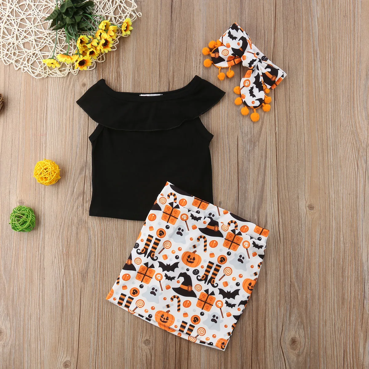 2018 Brand New Halloween Party Toddler Baby Girls Clothes Sets 3PCS Black T-Shirts Tops Pumpkin Cartoon Cat Skirts+Headband 1-5Y | Детская