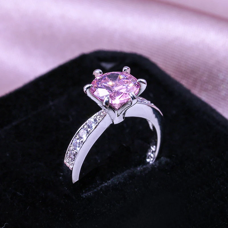 Розовый Huitan Fashion Six Prong обручальное кольцо с камнем для женщин AAA CZ Камень Обручальное женское кольцо группа подарок на День святого Валентина для девочки - Цвет основного камня: Розовый