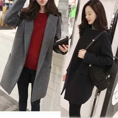 

HanOrange 2021 Spring Autumn Female Fashion Woolen Long Slim Students Thicken Coat Women Overcoat Gray/Dark Blue