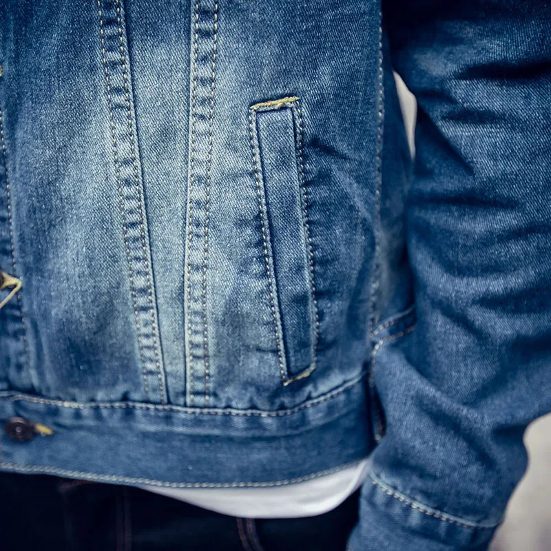 Мужская джинсовая куртка с воротником стойкой повседневная приталенная синяя