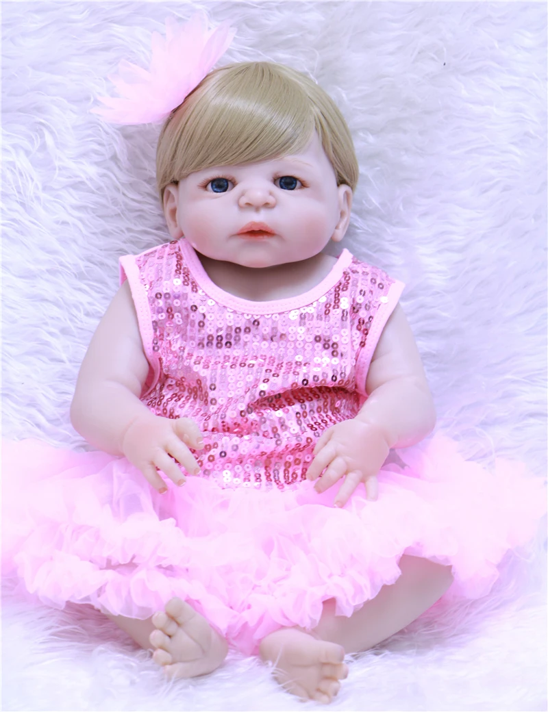 55 см реалистичные Bebe кукла полный силиконовые Reborn ручной работы розовое платье