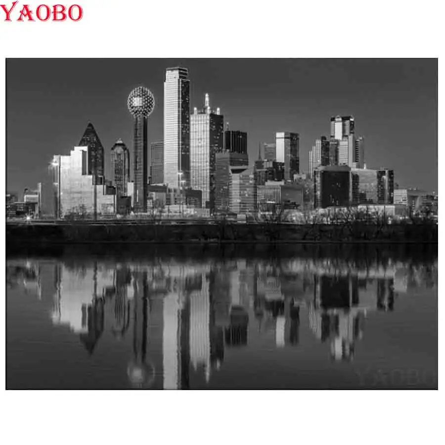 Diy 5D Diamond Painting Black And White City Building Full drill square Mosaic Picture Embroidery Landscape | Дом и сад