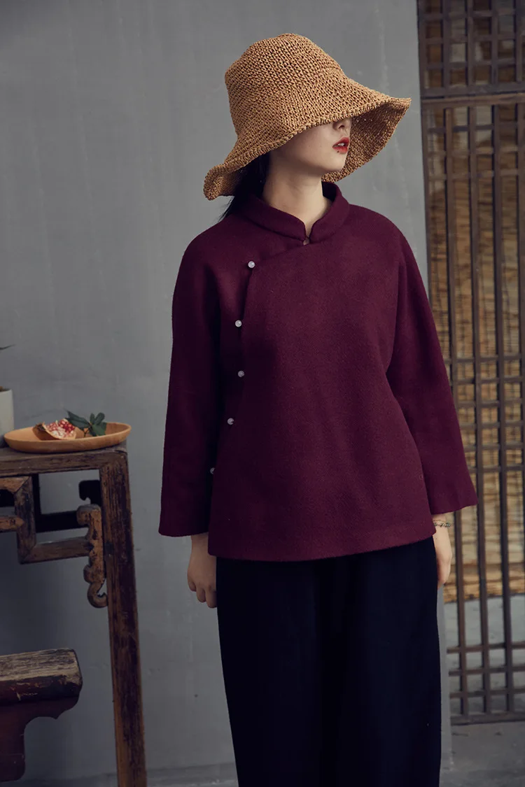 Winter New Traditional Slant Beads Button Stand Collar Woolen Women Coat Caramel Purple Colors Elegant Ladies Retro Jacket | Женская