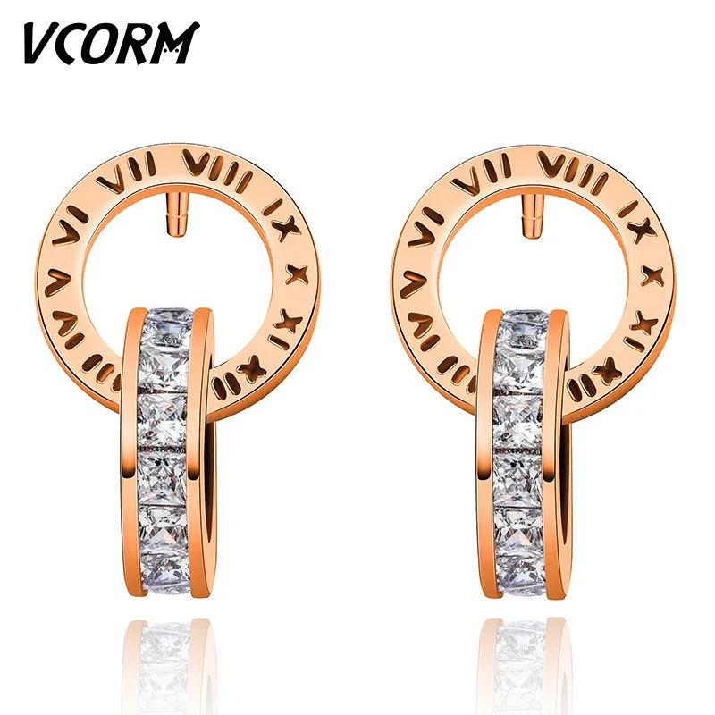 Rosegold VCORM Элитный бренд римскими цифрами золотое ожерелье, серьги со шпилькой, для Для женщин мужчина модные серебристые Нержавеющая сталь серьги из циркона, украшения - Окраска металла: Rosegold