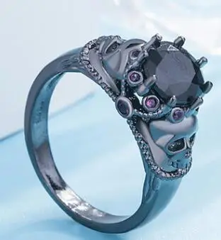 Винтажный в стиле панк готика кольца с черепом черное позолоченное ювелирное