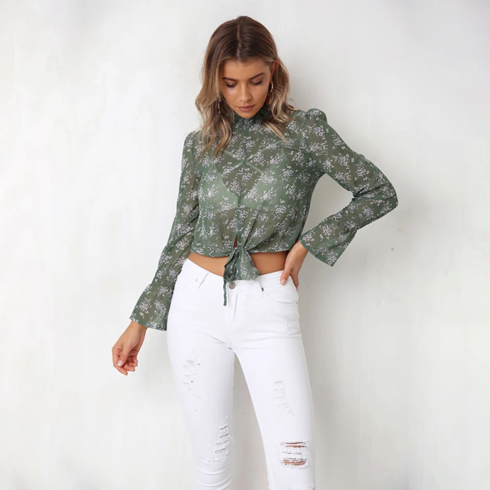2019 Womens Floral Chiffon Tops and Blouses Transparent Bell Long Sleeve Shirt Women Work Wear Elegant Print Shirts Blouse |