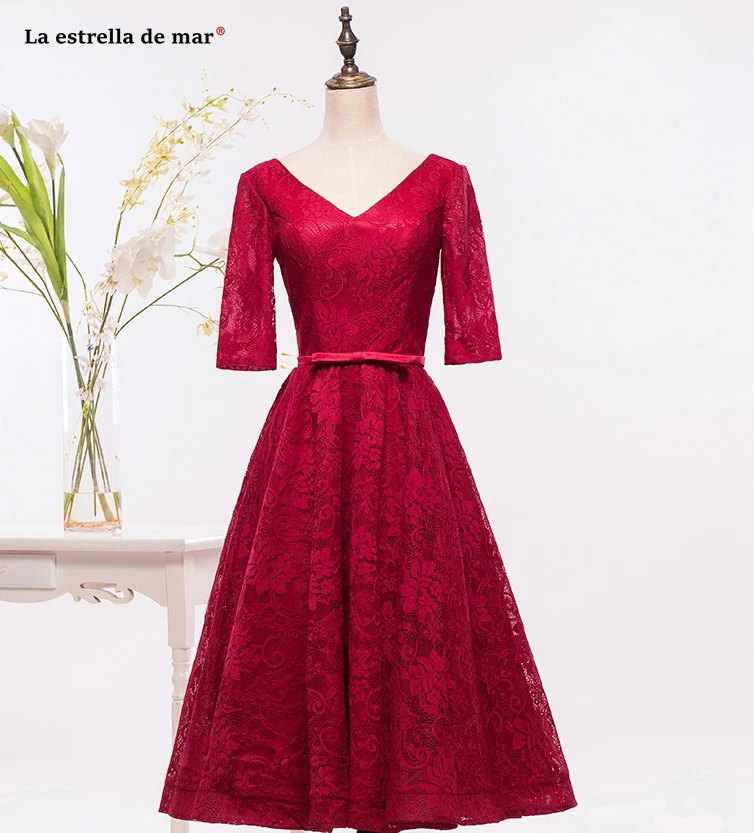 

Vestidos de madrinha custom lace sexy v neck half sleeve A Line burgundy red bridesmaid dresses Tea Length wedding guest gown