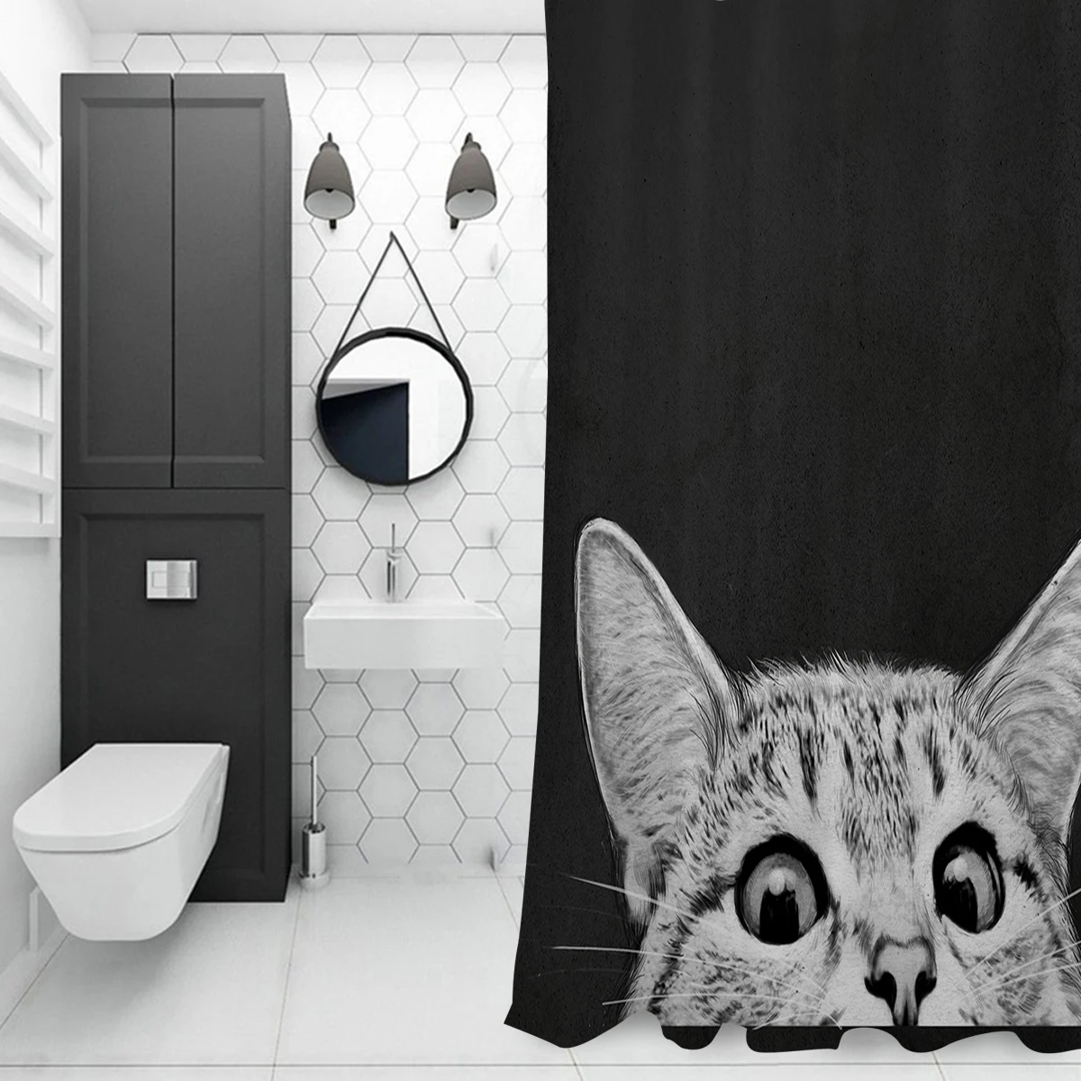 

Cat With You Asleep Yet Extra Long Fabric Bath Shower Curtains Bathroom Decor Sets with 12 Hooks