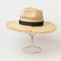 elegant fringed trimed wide brim raffia straw hat chic breathable hollow out sun hat for women natural beach hat summer jazz cap