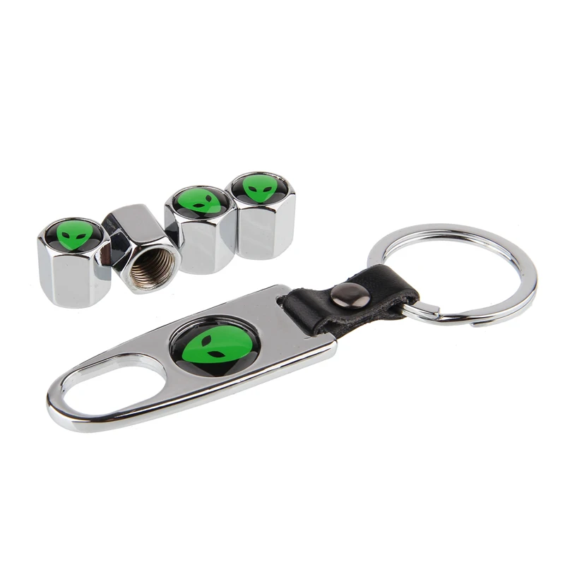 

HAUSNN Black/Silver Saucerman Logo ET Pattern Car Tyre Valve Caps Tire Air Dust Stem Covers With Tool Wrench Keychain