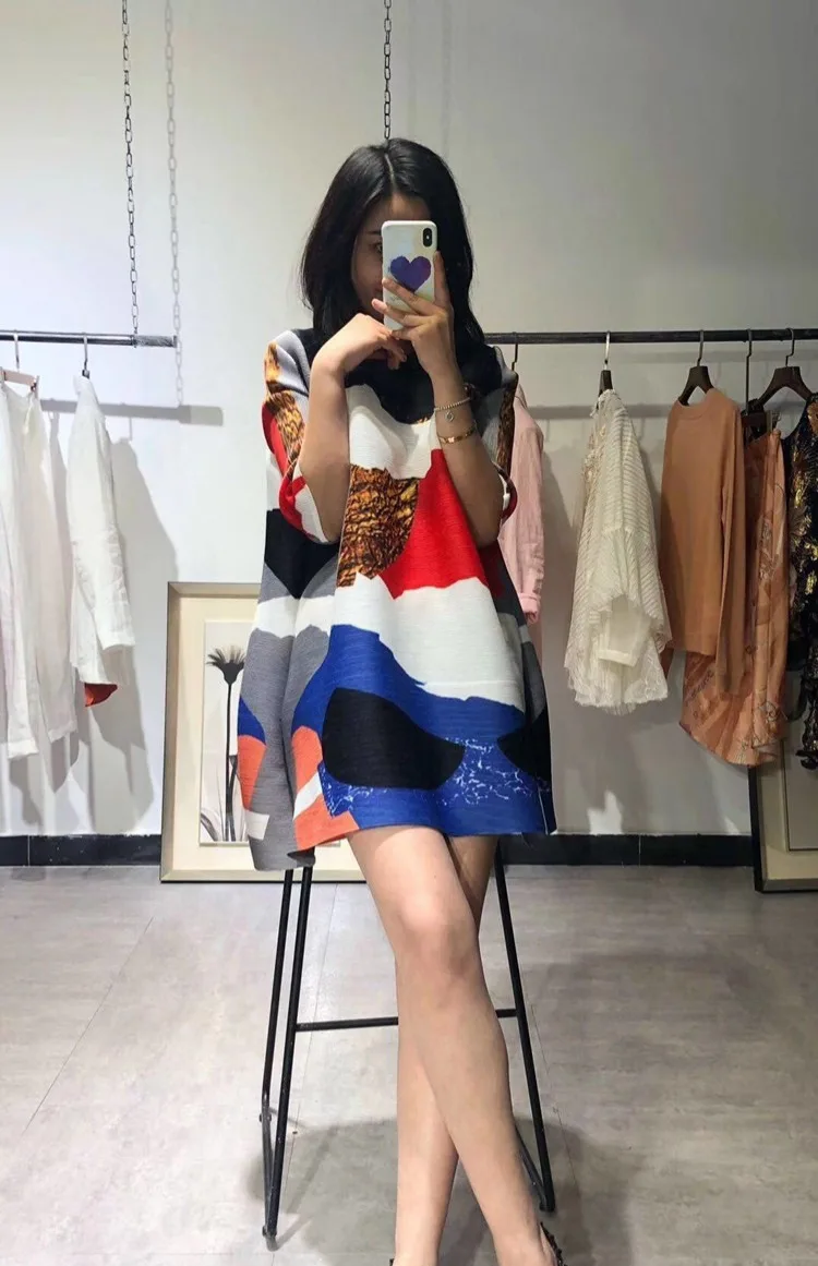 Changpleat Весна Новые принтованные женские футболки топы Miyak плиссированные Модные свободные женские футболки большого размера с круглым вырезом T9