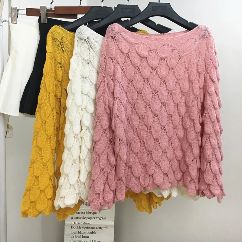 QoerliN Winter Woman Sweater Knitting Pullovers Autumn Thin Outwear Slash Neck Flare Sleeve Hollow Out Sexy Long Jersey Pink | Женская