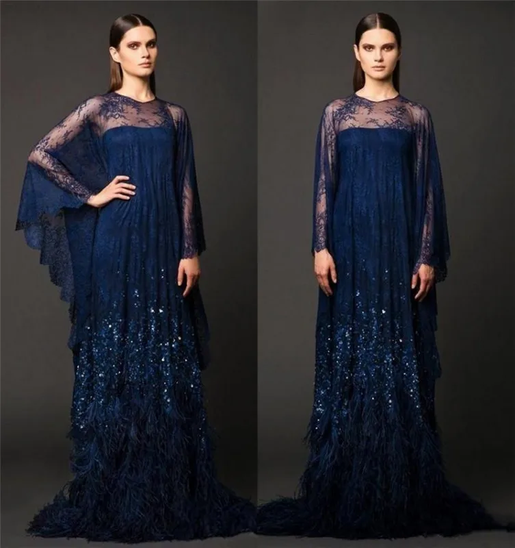 

Luxury Ostrich Feathers Celebrity Party Dress Long Sleeves Appliqued Lace Celebrity Dress Draped Floor-Length Scoop A-Line Dress