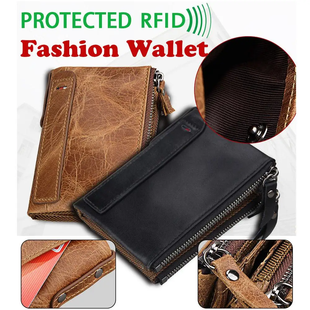 Banabanma Genuine Wallet Cowhide Leather Men Wallets Double Zipper Short Purse Coin Pockets Anti RFID Card Holders Wallet Men 40