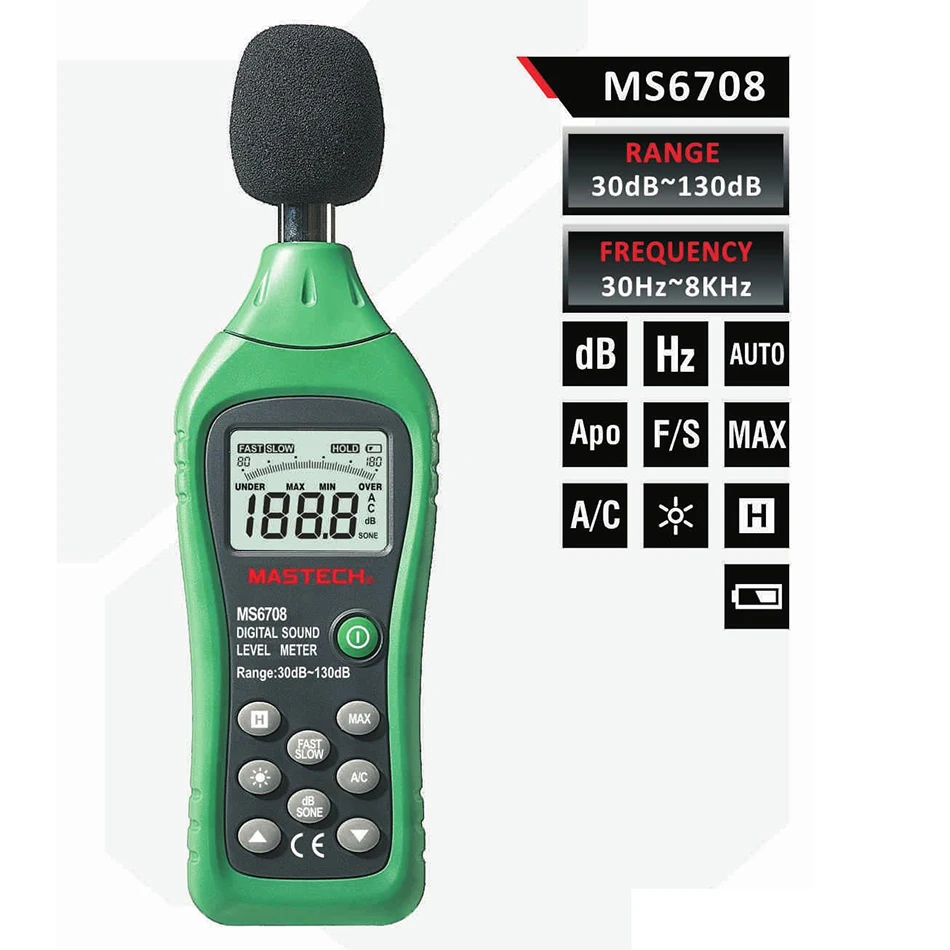 Горячая MASTECH ms6708 ручной ЖК дисплей цифровой Дисплей 30db ~ 130db измеритель уровня