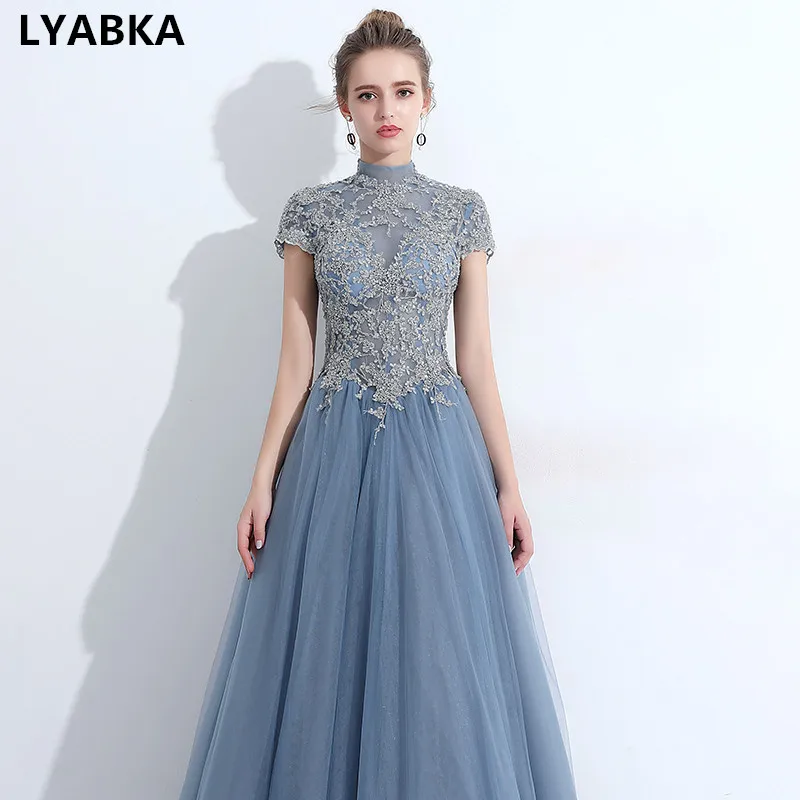 Вечернее платье длинное модное с высоким воротом коротким рукавом 2019|Вечерние