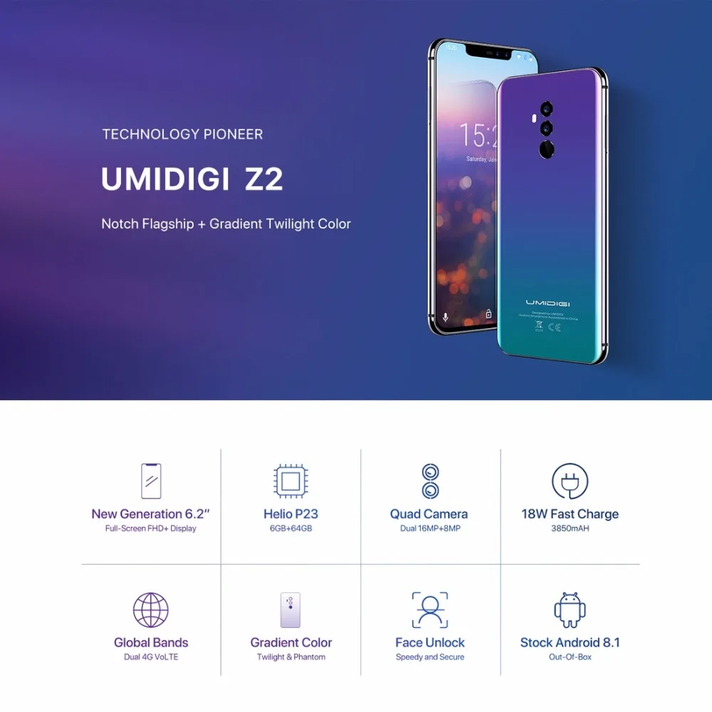 UMIDIGI Z2 Helio P23 2 0 ГГц восьмиядерный смартфон 6 &quot6 ГБ ОЗУ 64 Гб ПЗУ 16 Мп + 8 четыре камеры