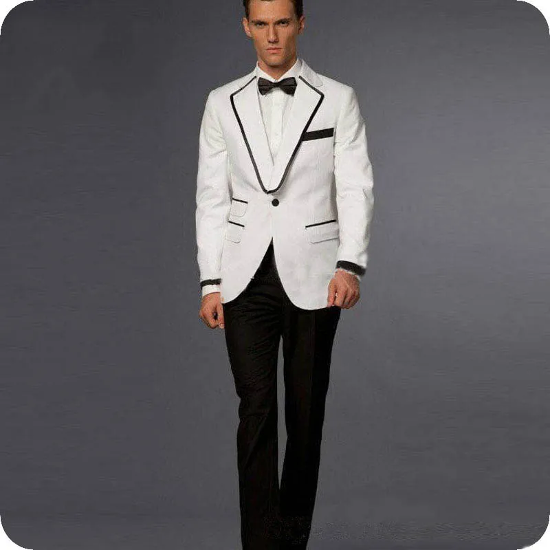 

Custom Made Ivory Men Suits for Wedding Black Lapel Beige Groom Tuxedo Slim Fit Ternos Latest Coat Pants Designs 2 Piece costume