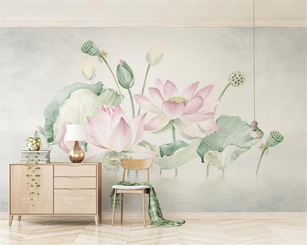 

Beibehang Modern high-quality silk cloth pink hand-painted watercolor Lotus TV Sofa Bedside table background wall 3d wallpaper
