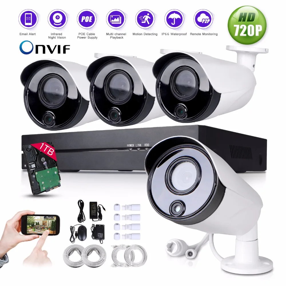4CH H.264 NVR 720 P Функцию PoE ВИДЕОНАБЛЮДЕНИЯ Открытый Безопасности Ip камеры система 1 ТБ