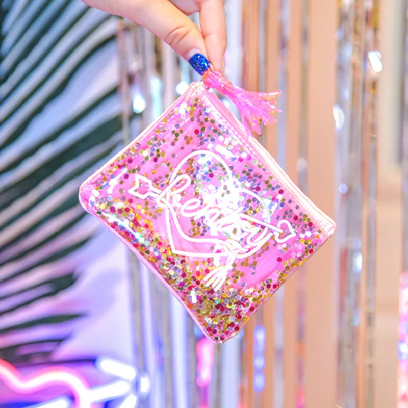 Каваи ПВХ кошелек для девочек короткий тонкий с блестками Корейская сумка