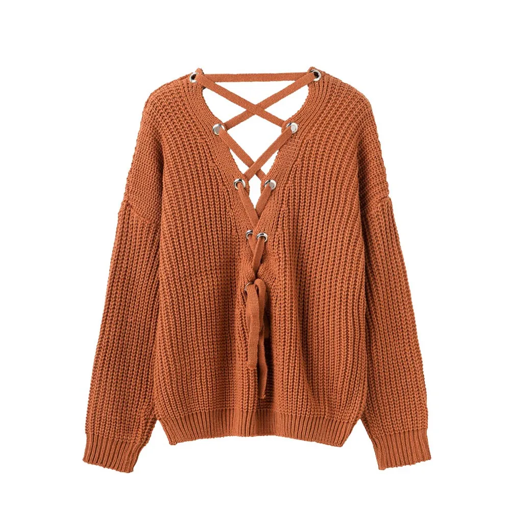V-образный вырез на спине крест повязку пикантные Свитера Лук Lace-up Pullover Для женщин