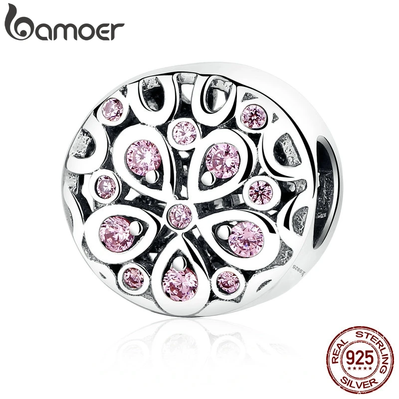 

BAMOER Wholesale 100% 925 Sterling Silver Pink Crystals Flower Bead Charms fit Women Bracelets Beads & Jewelry Makings SCC053