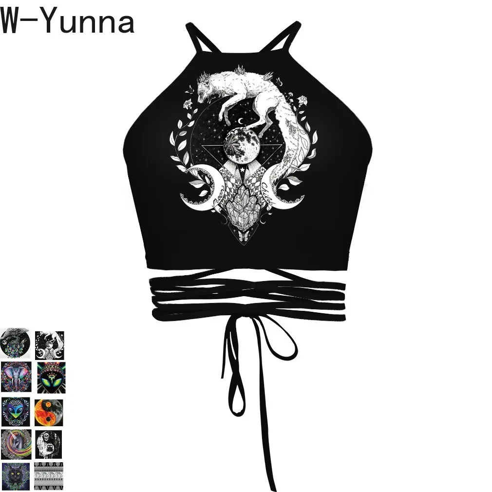 W-Yunna, новинка, летний сексуальный топ, модный, кот, Тай Чи, дерево, инопланетянин, Готическая уличная одежда, Череп, кроп-топ, женский, на шнуровке, топ на бретелях