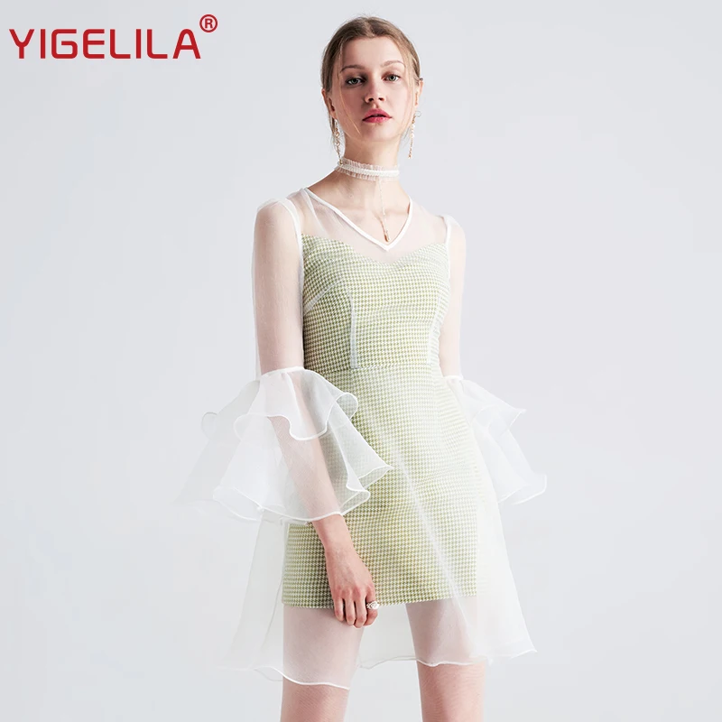 Женское Сетчатое платье YIGELILA облегающее с v образным вырезом и расклешенными
