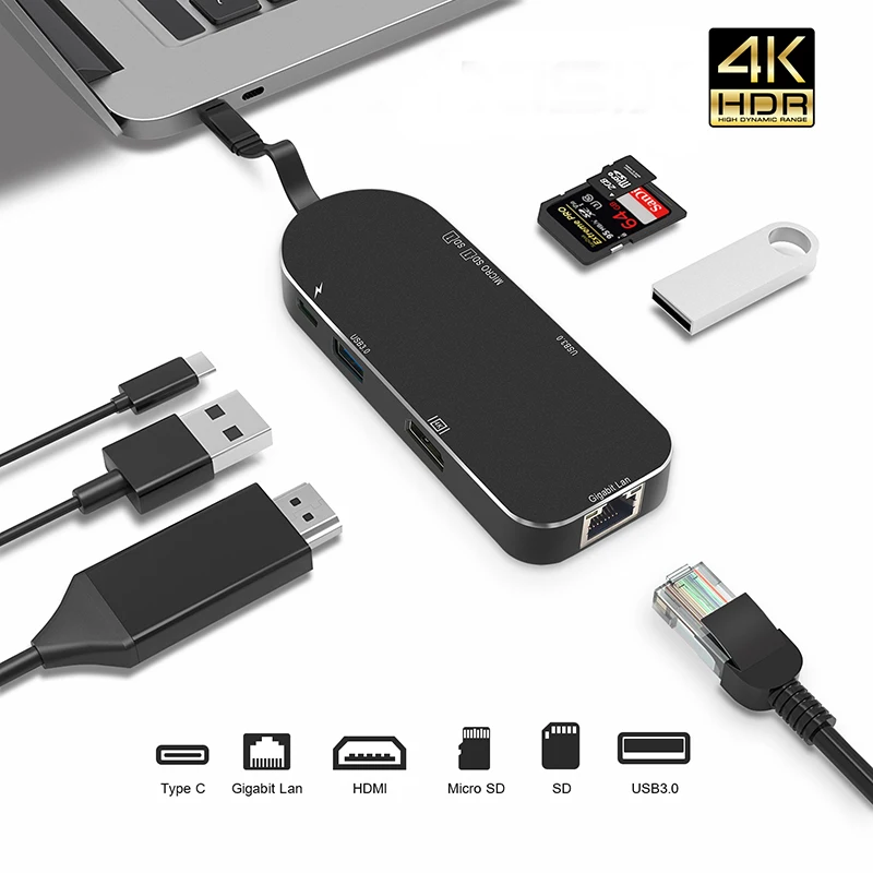 Basix Usb C Hub Type To HDMI 4K Gigabit Ethernet SD/TF Usb3.0 PD зарядный порт для Macbook Pro Hub|USB-хабы| |