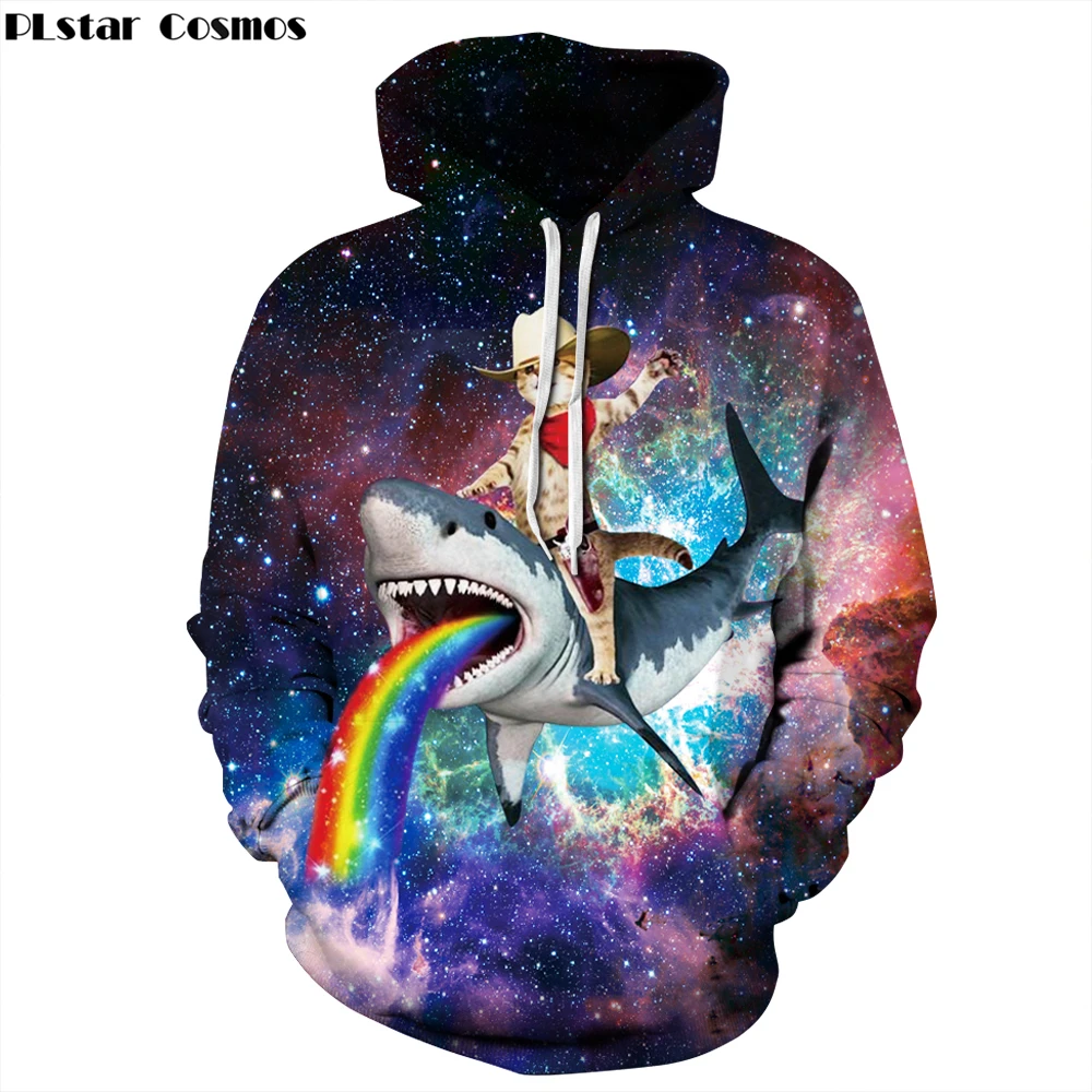 

PLstar Cosmos 2019 New style Galaxy Rainbow Animal Hoodies Womens Mens Sweatshirt Cats and sharks Print 3d Hoody Pullovers