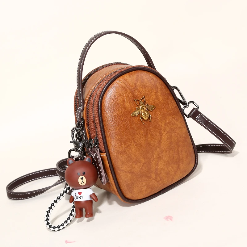 Women Bags Genuine Leather Shoulder Bag Crossbody Famous Brand Tote Handbag Cute Small Fashion Shopping Bag with Bear Pendant