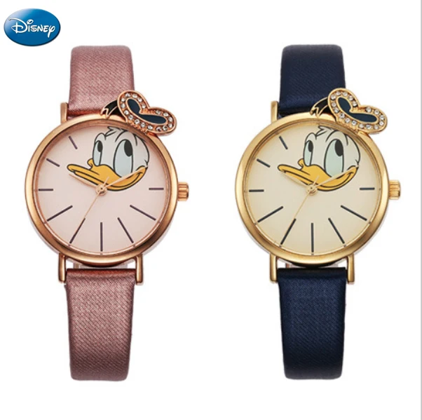 Оригинальные женские часы Disney Donald Duck милые для женщин кожаные с ремешком Roes Gold |