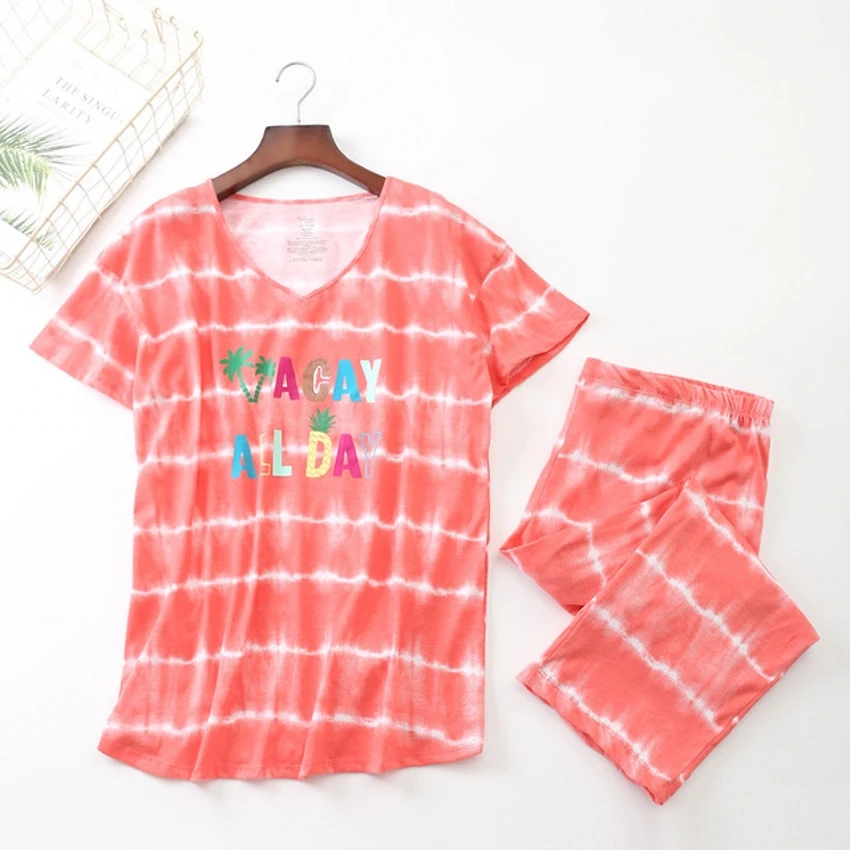 

2019 Summer Women Pajamas Cotton Cute Striped Letter Pajama Set Top + Capris Elastic Waist Plus Size 3XL Lounge pijamas S95609