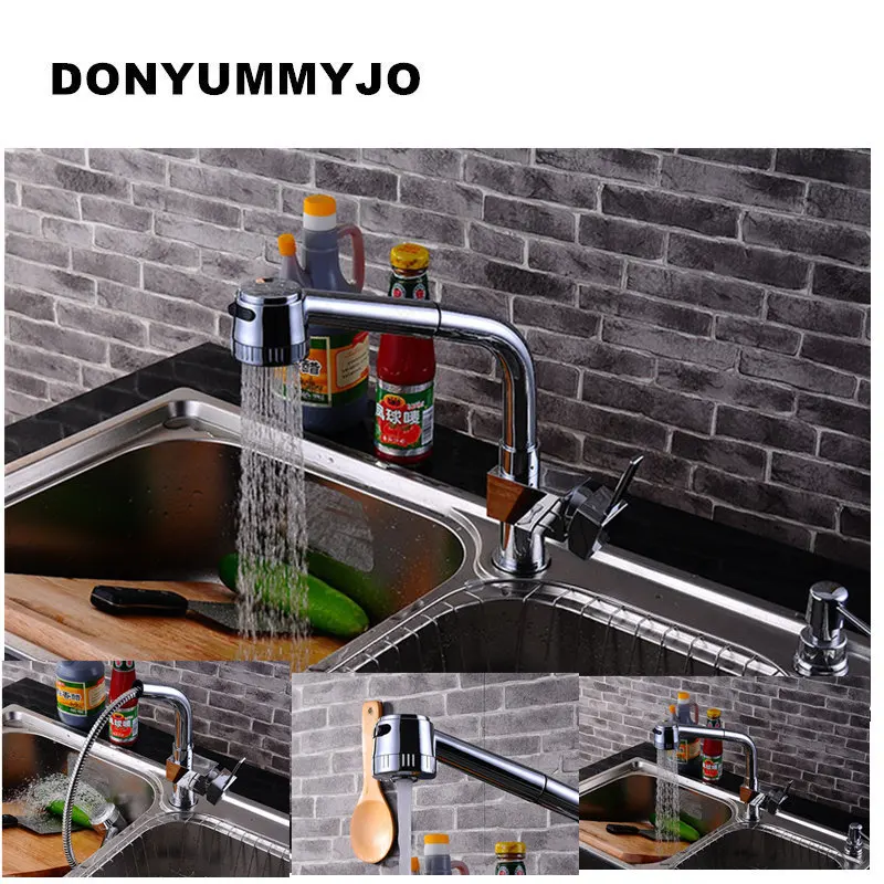

DONYUMMYJO Brass Sink Pull Out Kitchen Faucet Hot Cold Mixer Water Tap Deck Mounted Single Hole Single Handle Polished 8023