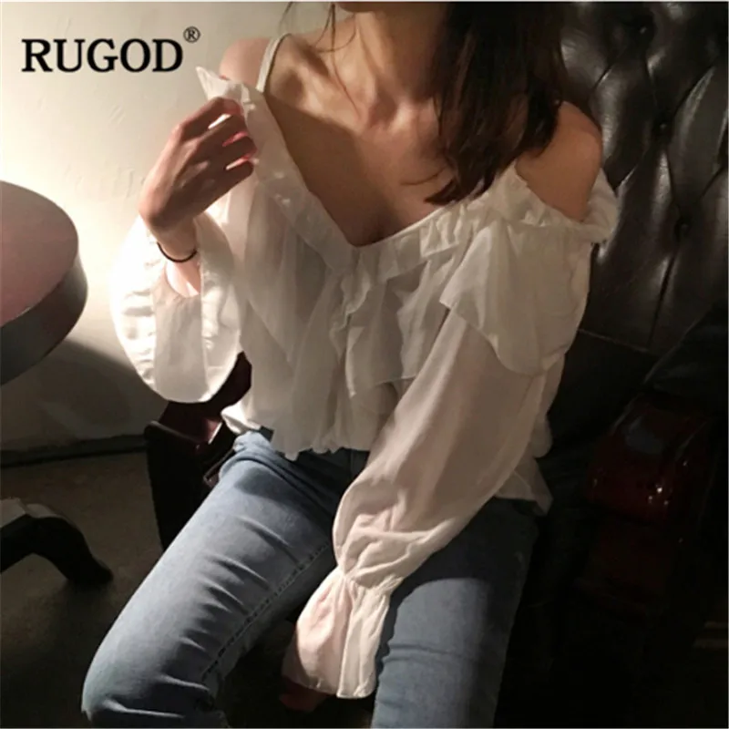 RUGOD v шеи с открытыми плечами женские блузки гофрированные расклешенные рукава