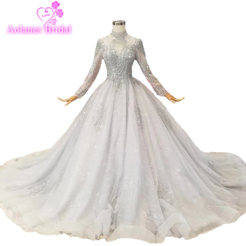 Dubai Luxury Crystal Prom Dresses With Sheer Full Sleeves 2019 Shiny Beaded Telass Grey High Neck Bridal Party Gowns | Свадьбы и