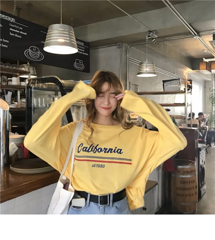 Женская футболка в Корейском стиле Ulzzang Harajuku, Повседневная футболка с буквенным принтом и длинным рукавом для женщин, свободная желтая футболка с круглым вырезом, топы