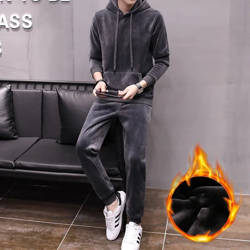 Light Gray Зимняя мужская толстовка с флисовой подкладкой для бега, комплект, повседневные толстовки, спортивный костюм, бархатная пара, комплект из двух предметов, длинные штаны, большие размеры 3XL - Цвет: Light Gray