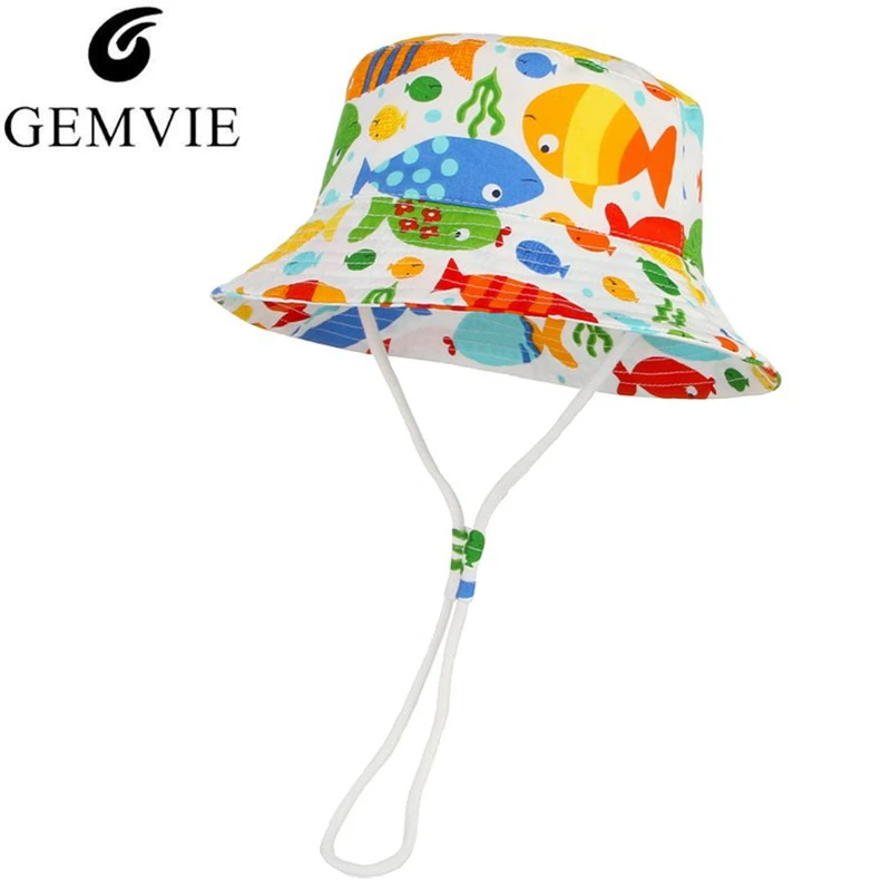 GEMVIE Cartoon Fish Print Bucket Hat Summer Hats For Kids Cotton Cloth Fisher Cap Toddler Boys Girls Beach With Wind Lanyard | Аксессуары