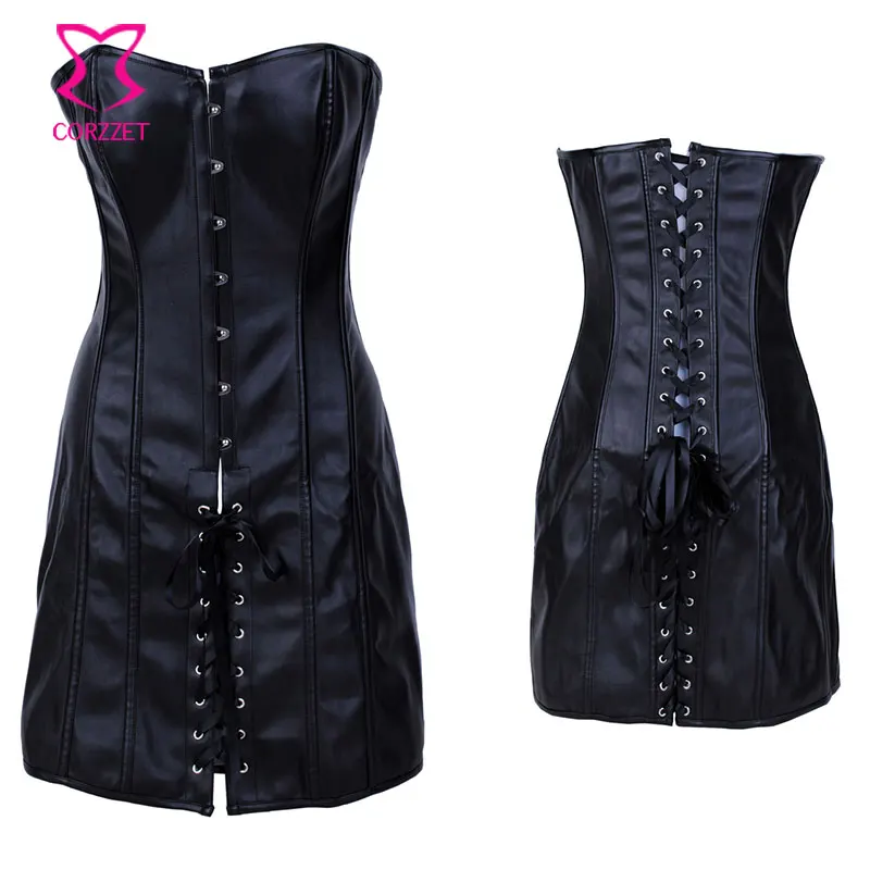 Черное кожаное платье корсет Длинные корсеты и бюстье в стиле стимпанк пуш ап