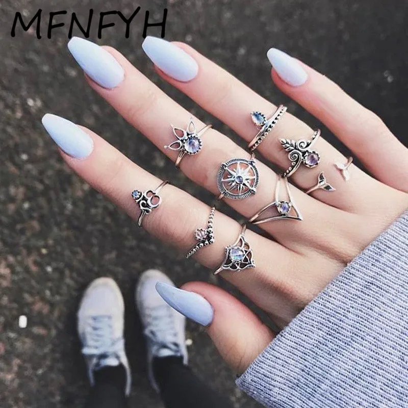 MFNFYH богемная Винтажная с кристаллами хрусталя Teardrop лунное кольцо набор Anel панк