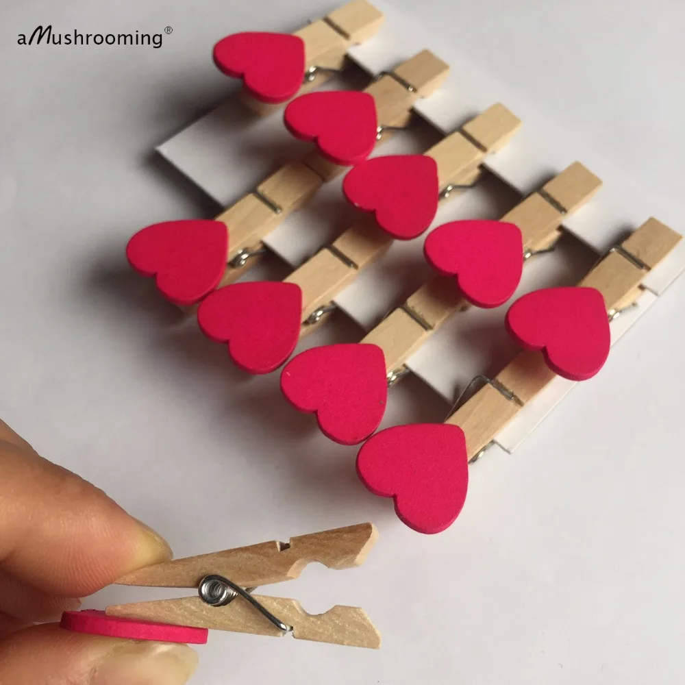 10 шт Деревянный Мини ярко розовый любящее сердце зажимы Pegs Свадебный вечерние