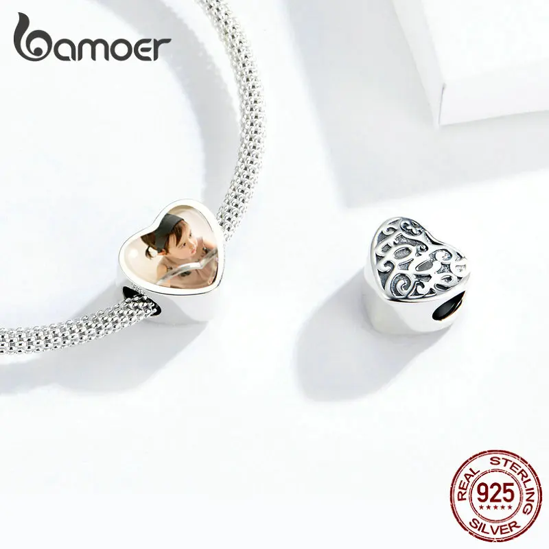Bamoer Индивидуальные DIY сердце бусины пользовательские фото Шарм Для браслет и браслет 925 пробы серебряные ювелирные изделия уникальный подарок BSC103