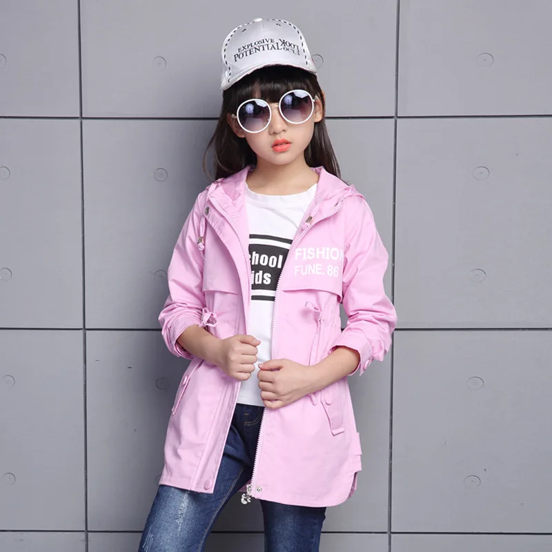 Teenager Spring Autumn Girls Trench Coat Fashion Hooded Jacket Long Cardigan Kids School Clothing Casual Outwear 3-14 Age | Детская