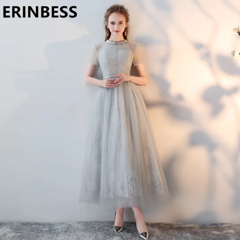 Vestido de festa A Line Серебряные платья для выпускного вечера с вырезом горловины короткий рукав тонкая длиной до лодыжки женские вечерние платья