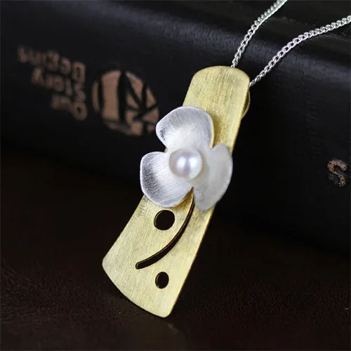 Lotus Fun, настоящее 925 пробы, серебро, натуральный жемчуг, 18 К, золото, хорошее ювелирное изделие, свежий цветок клевера, подвеска без ожерелья для женщин - Цвет камня: Белый